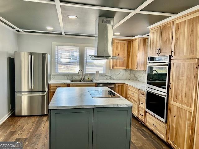 kitchen featuring a sink, decorative backsplash, dark wood-type flooring, stainless steel appliances, and island range hood