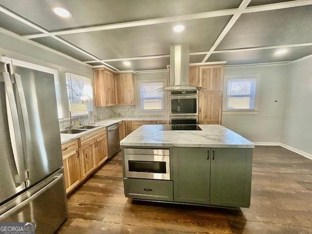 kitchen with dark wood-style flooring, coffered ceiling, stainless steel appliances, and island range hood