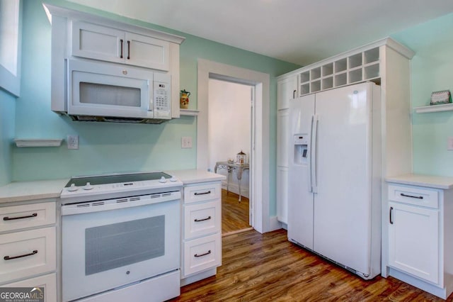 kitchen featuring open shelves, dark wood-style floors, white appliances, white cabinets, and light countertops