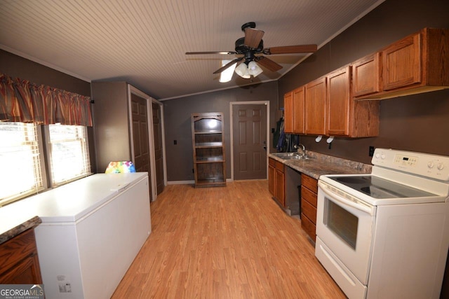 160 Cold Branch Rd, Eatonton, GA 31024 - kitchen with white electric stove, brown cabinets, light wood-type flooring, ceiling fan, and ornamental molding
