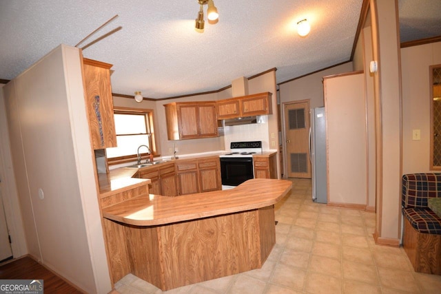 kitchen with electric range, a sink, freestanding refrigerator, light countertops, and lofted ceiling