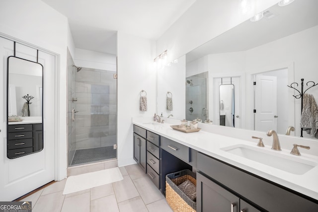 full bathroom featuring a sink, double vanity, and a shower stall