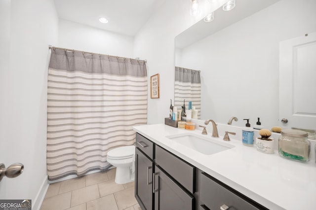 full bath with toilet, curtained shower, recessed lighting, tile patterned flooring, and vanity