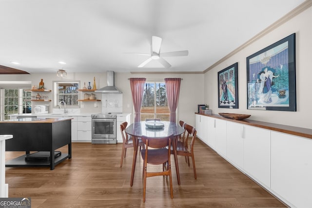 dining area featuring ornamental molding, ceiling fan, and wood finished floors