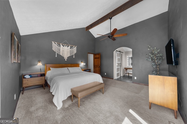 bedroom featuring beam ceiling, high vaulted ceiling, a ceiling fan, arched walkways, and carpet