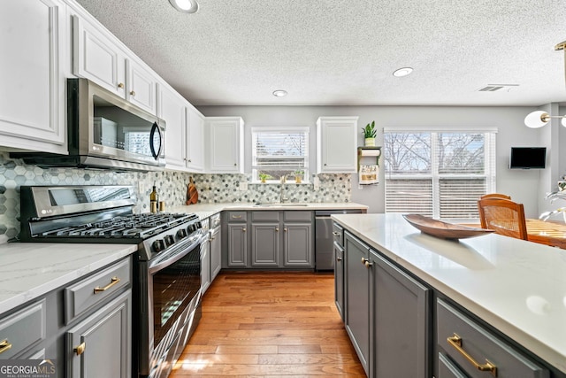 kitchen featuring plenty of natural light, a sink, gray cabinetry, stainless steel appliances, and light wood-type flooring