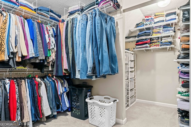 spacious closet featuring carpet flooring