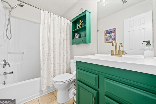bathroom with visible vents, toilet, tile patterned flooring, shower / bath combination with curtain, and vanity