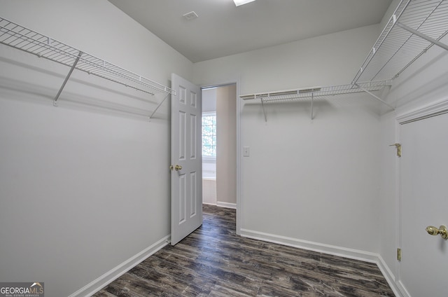 walk in closet with dark wood finished floors