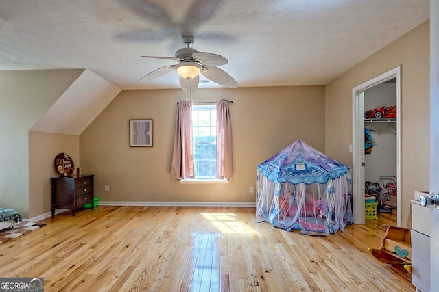 95 Volunteer Ln, Murphy, NC 28906 - rec room with ceiling fan, lofted ceiling, baseboards, and wood-type flooring