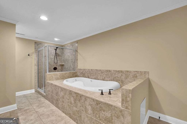 full bath with a stall shower, a garden tub, ornamental molding, and tile patterned flooring