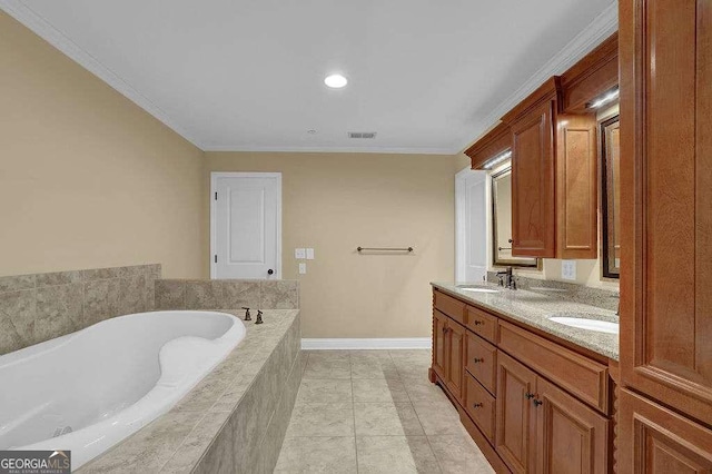 full bath featuring a garden tub, double vanity, visible vents, and a sink