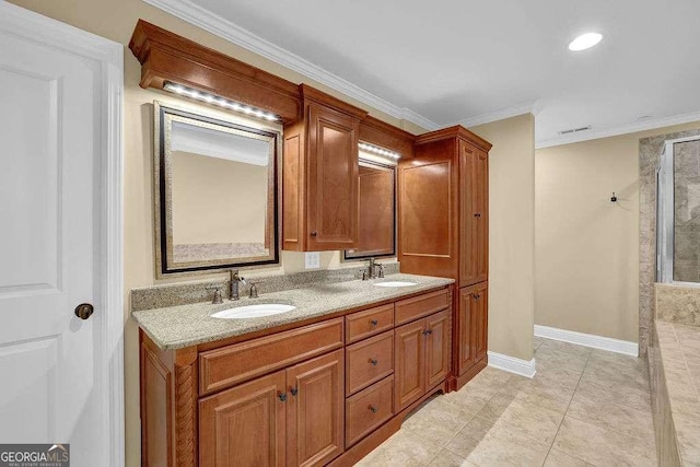 bathroom featuring crown molding, visible vents, baseboards, and a sink