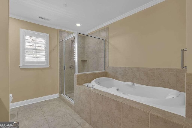 bathroom with tile patterned flooring, visible vents, a stall shower, and crown molding