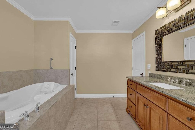 full bath with vanity, a garden tub, visible vents, tile patterned flooring, and crown molding