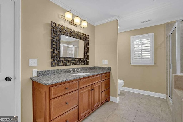 full bathroom with visible vents, a shower stall, toilet, and ornamental molding