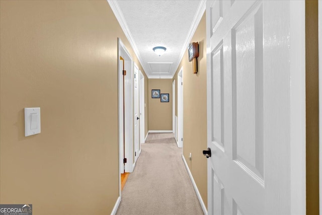 25 Wesley Trce SE, Cartersville, GA 30120 - hall with ornamental molding, a textured ceiling, baseboards, light colored carpet, and attic access
