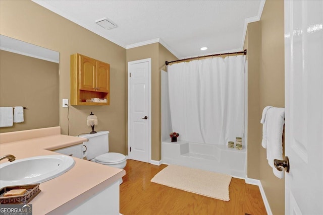 25 Wesley Trce SE, Cartersville, GA 30120 - bathroom with shower / bath combo with shower curtain, toilet, ornamental molding, wood finished floors, and vanity