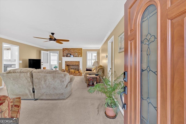 25 Wesley Trce SE, Cartersville, GA 30120 - living area with ceiling fan, carpet, a fireplace, and crown molding