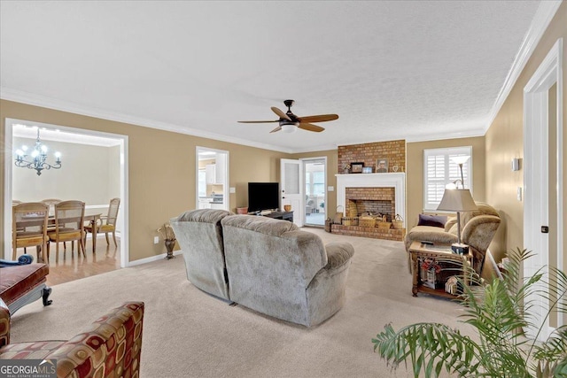 25 Wesley Trce SE, Cartersville, GA 30120 - living room featuring baseboards, light carpet, a fireplace, and crown molding