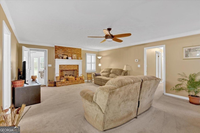 25 Wesley Trce SE, Cartersville, GA 30120 - living room with a brick fireplace, crown molding, baseboards, ceiling fan, and light colored carpet