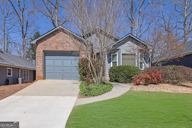 ranch-style house with a front lawn, an attached garage, brick siding, and driveway