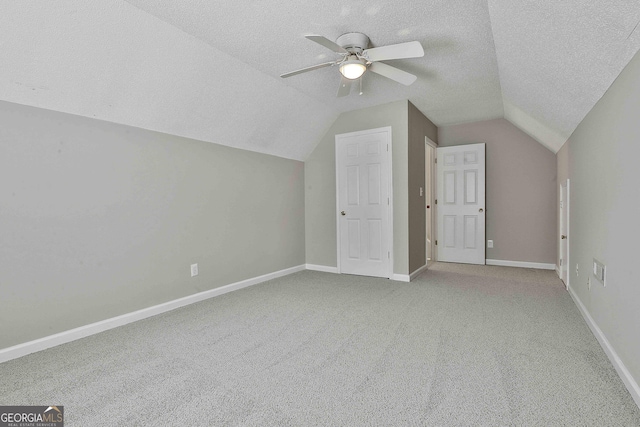 additional living space with carpet floors, a textured ceiling, baseboards, and vaulted ceiling