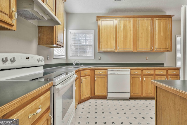 kitchen featuring white appliances, light floors, a sink, under cabinet range hood, and dark countertops