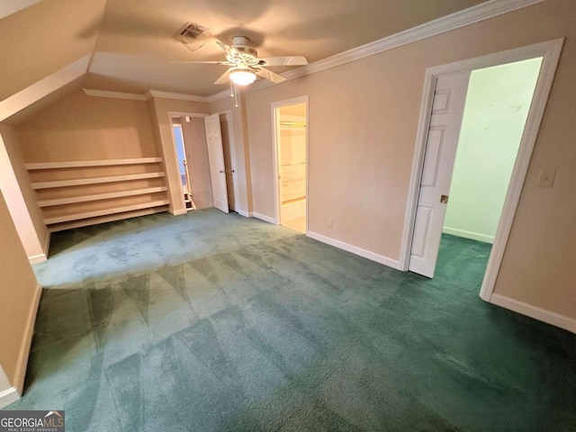 unfurnished bedroom featuring crown molding, carpet flooring, visible vents, and baseboards