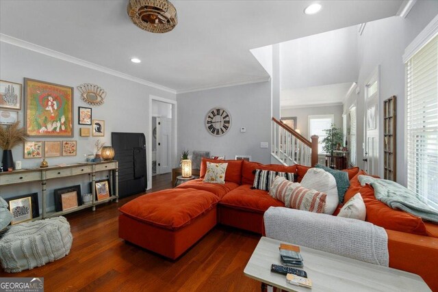 408 Davis St, Monroe, GA 30655 - living room featuring stairs, wood finished floors, recessed lighting, and ornamental molding