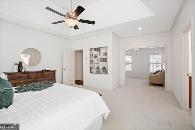 bedroom with crown molding, baseboards, ceiling fan, light colored carpet, and recessed lighting