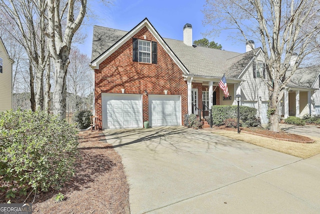 view of front facade with a shingled roof, brick siding, driveway, and a chimney