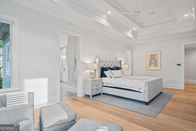 bedroom with crown molding, baseboards, light wood-type flooring, recessed lighting, and ensuite bath