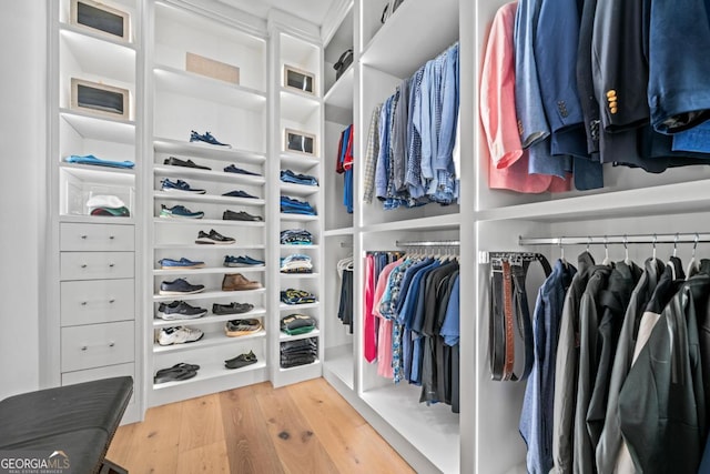 walk in closet with wood finished floors