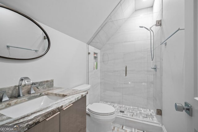 bathroom with vanity, toilet, and a shower stall