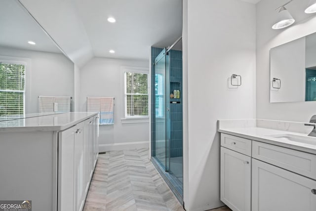 bathroom featuring recessed lighting, a shower stall, and lofted ceiling