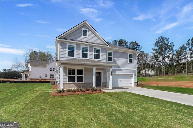 craftsman house with driveway, central AC, an attached garage, a front yard, and brick siding