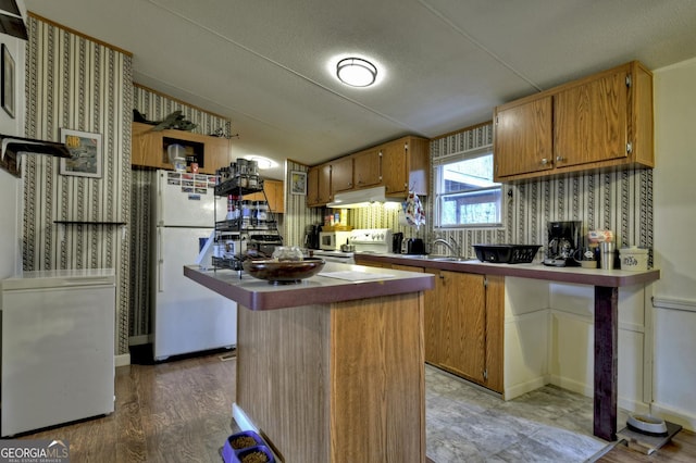 kitchen with brown cabinetry, freestanding refrigerator, a sink, under cabinet range hood, and range