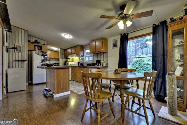 dining area with dark wood-type flooring and ceiling fan