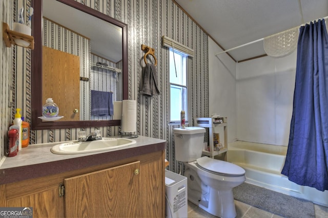 bathroom featuring shower / bath combination, toilet, vanity, and wallpapered walls