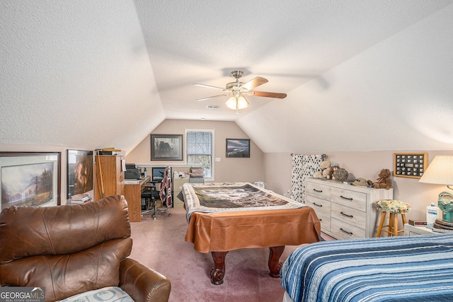 carpeted bedroom with visible vents, ceiling fan, a textured ceiling, and lofted ceiling