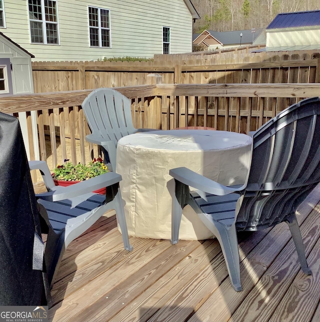 wooden terrace featuring fence