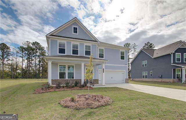 craftsman-style house with brick siding, an attached garage, concrete driveway, and a front yard