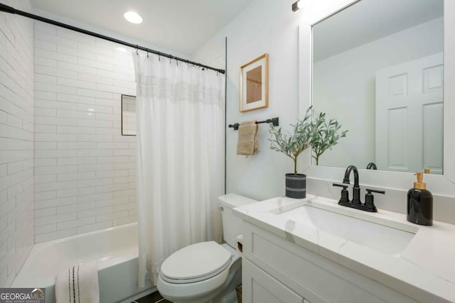 full bathroom featuring recessed lighting, toilet, vanity, and shower / bathtub combination with curtain