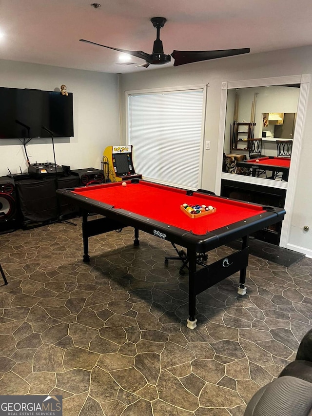 recreation room featuring pool table and a ceiling fan