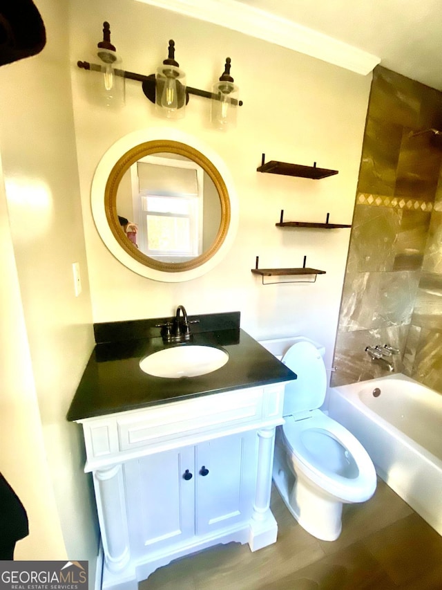 full bath with toilet, vanity, and shower / bath combination