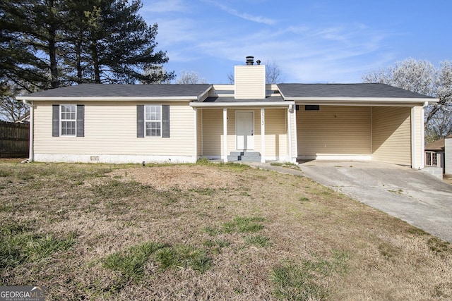 ranch-style home with covered porch, a front yard, crawl space, an attached carport, and a chimney