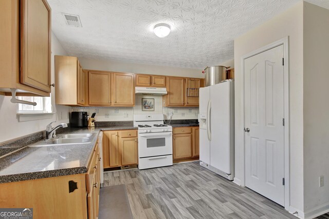 kitchen featuring visible vents, light wood-style flooring, under cabinet range hood, a sink, and white appliances