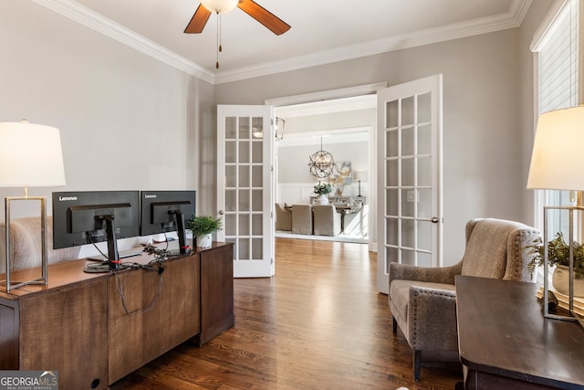 office area with french doors, dark wood-type flooring, ceiling fan, and ornamental molding