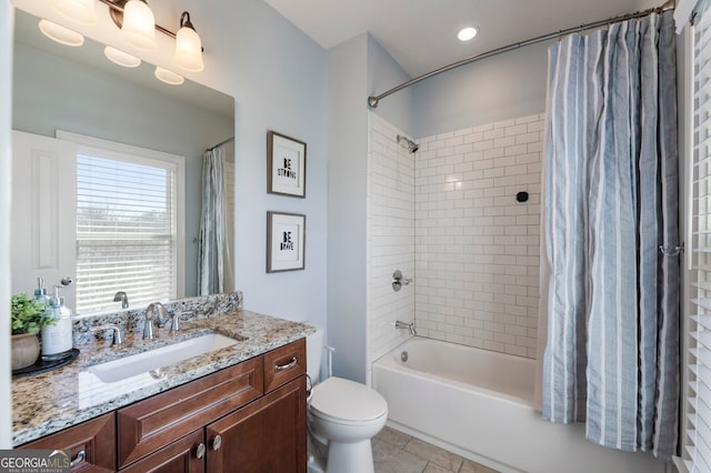 full bathroom with vanity, recessed lighting, tile patterned flooring, shower / tub combo, and toilet